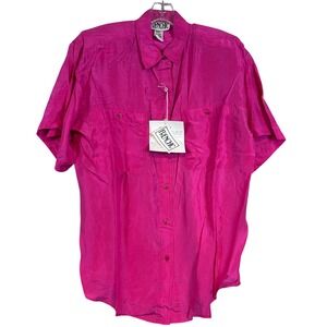 NWT VTG Women Fuchsia Washable Silk Short Sleeve‎ Button Up Shirt Frenchic MED